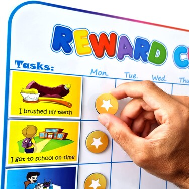 Large Magnetic Reward Chart for Kids - 127 Pre-Written Stickers (Including Potty Training) + 30 Customizable Chores - Behavior, Responsibility &amp; Incentive Routine Star Chart for Fridge (1 Kid Version)