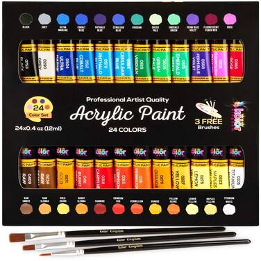 Acrylic Paint Set Canvas Art Paints 24 Colors Perfect Paint Finish (0.41oz,12 ml) With 3 Brushes - Painting Canvas, Paper, Wood, Rock, MDF, Ceramic &amp; Fabric