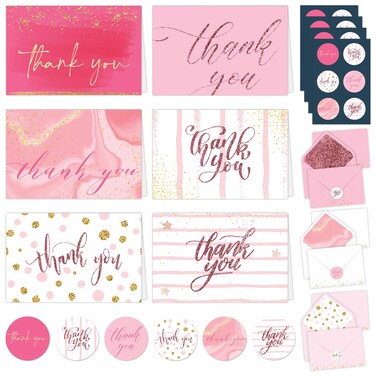 Decorably 24 Pack Glittery 6x4in Pink Thank You Cards with Envelopes and Stickers, 6 Elegant Designs Pink Thank You Notes, Blank Inside - Wedding, Baby Shower, Birthday