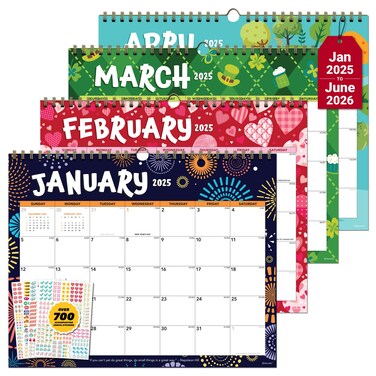 Decorably 18 Months Colorful 2025 Calendar Wall Hanging Large January 2025 to June 2026, 14.5x11.5in Spring-Bound Wall Calendar 2025-2026 Monthly