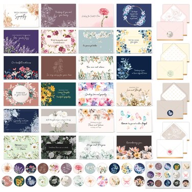 Decorably 24 Pack Assorted 6x4in Sympathy Cards with Envelopes and Stickers, 24 Unique Designs Sympathy Cards Assortment Box with Envelopes with Printed Message Inside