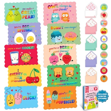 Decorably 40 Pack Holographic Postcard-Style 4.7x3in Mini Funny Valentine Cards Kids with Envelopes and Scented Stickers, 10 Designs Valentine's Card, Heart's Day
