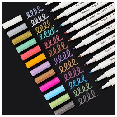 Sunshilor Metallic Markers Fine Point Metallic Marker Pens for Black Paper, Rock Painting, Easter Egg, Halloween Pumpkin, Card Making, Metal, Ceramic, Wine Glass, Set of 12