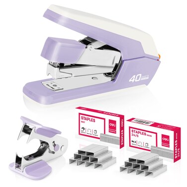 Deli Effortless Desktop Stapler, Heavy Duty Stapler, 40-50 Sheet Capacity, One Finger, No Effort, Includes 1500 Staples &amp; Staple Remover, Violet