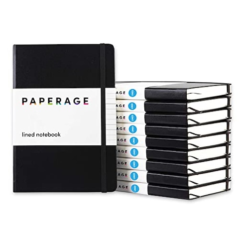 PAPERAGE Lined Journal Notebooks, 10 Pack, (Black), 160 Pages, Medium 5.6 inches x 8 inches - 100 GSM Thick Paper, Hardcover