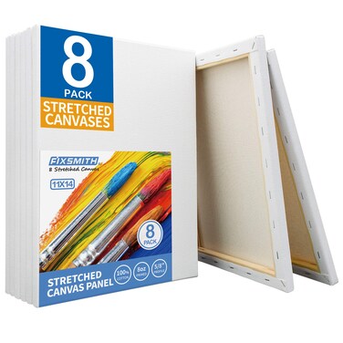 FIXSMITH Stretched White Blank Canvas - 11x14 Inch, 8 Pack, Primed,100% Cotton,5/8 Inch Profile of Super Value Pack for Acrylics,Oils &amp; Other Painting Media