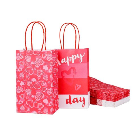 Gatherfun Hot Heart Love Kraft Paper Gift Bags with handles for Valentine&#39;s Day, Weddings, Engagements, Anniversaries, Bridal Showers, Birthday Party 2 Designs, 24 Pack, 5.5X3.2X9inch