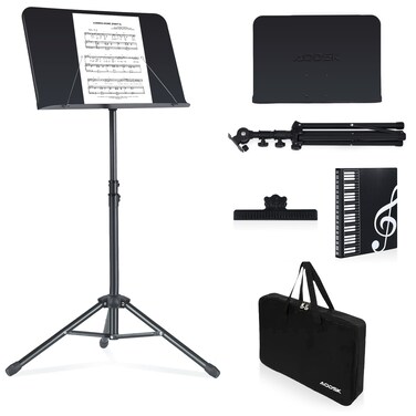 AODSK Sheet Music Stand,5 in 1 Dual-Use Folding Sheet Music Stand &amp; Desktop Book Stand with Portable Carrying Bag &amp; Music Sheet Clip Holder &amp; Sheet Music Book(Black) (AS-M55)