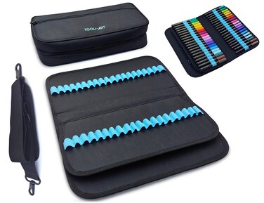 TOOLI-ART Marker &amp; Pen Carrying Case -120 Slots, Canvas, Extra Pockets, Trolley Sleeve, Removable Shoulder Strap, For Most Markers (up to 15mm Diameter), Lipstick, Etc. Black