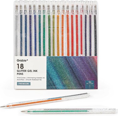 Grabie Glitter Gel Ink Pens, Vibrant Glitter Gel Pens Set, Spark Your Creativity with Every Color of the Rainbow (18 Colors Capped Glitter Gel Pens)