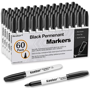 Keebor Black Permanent Markers Fine Tip, 60 Pack, Quick Drying &amp; Fade Resistant, Permanent Marker Set for Wood, Plastic, Paper, Metal, And More