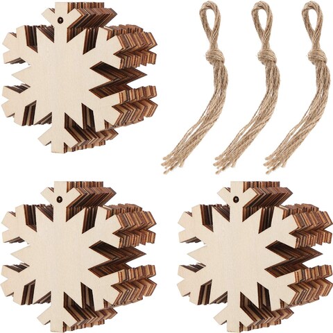 Tatuo 30 Pieces Wooden Snowflake Cutouts Christmas Wood Snowflake Decorations with 30 Pieces Twine Ropes for Crafts Christmas Ornaments