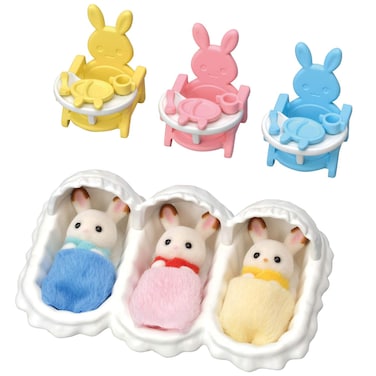 Calico Critters Triplets Care Set - Dollhouse Playset with 3 Hopscotch Rabbit Figures &amp; Accessories Included