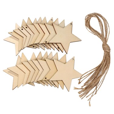Tatuo 60 Pieces Natural Wooden Star Cutouts Shape Wooden Star Embellishments and 60 Pieces Natural Twine for Home Party Christmas Decoration