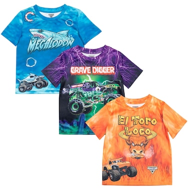 Monster Jam Megalodon El Toro Loco Grave Digger Monster Truck Toddler Boys 3 Pack T-Shirts Orange/Purple/Blue 5T