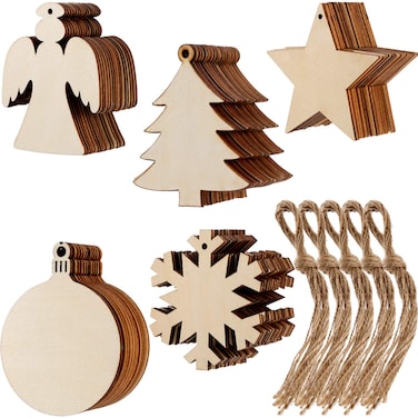 Tatuo 50 Pieces Christmas Wooden Ornaments Wood Snowflake Angel Star Christmas Tree Round Discs Decorations Hanging Embellishments with 50 Pieces Strings