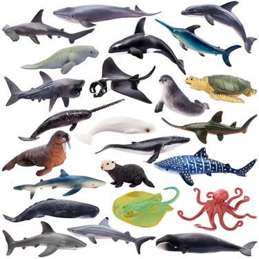 TOYMANY 24pcs Mini Ocean Animal Figurines: Realistic Cake Toppers with Sharks, Whales &amp; Octopus - Great for Kids' Parties, Gifts &amp; School Projects