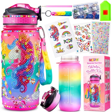 Decorate Your Own Water Bottle Kits for Girls - Kids Water Bottle Birthday Gifts for 4 5 6 7 8-12 Year Old Girl Diy Unicorn Birthday Decorations Arts and Crafts for Kids Ages 6-8 Girls Christmas Gift