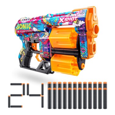 X-Shot Skins Dread Sonic Robotnik Blaster with 24 Darts - Malice Skin by ZURU, Double Rotating Barrels, Air Pocket Dart Technology, Toy Foam Blaster for Kids, Teens and Adults