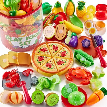 Shimirth 67Pc Pretend Play Food Sets for Kids Kitchen, Pizza Toy Food &amp; Cutting Fake Food - Fruits &amp; Vegetables, Play Kitchen Toys Accessories, Pretend Food Toys for Toddlers Boys Girls Birthday Gift