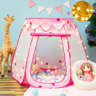 Crayline Pop Up Princess Tent with Star Light, Toys for 1 2 3 Year Old Girl Birthday Gift, Ball Pit for 12-18 Months Baby Girl Toys, Toddler Girl Gift, Easy to Pop Up and Assemble(Pink)