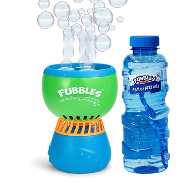 FUBBLES NO Spill Funfiniti Bubble Machine   Blows One Hour of Non Stop Bubbles   Amazon Exclusive Toy Set Includes 36oz of Non Toxic Refill Solution (Bubble Solution Bottle Colors Will Vary)