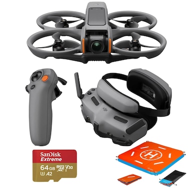 DJI Avata 2 Fly More Combo (1 Battery), FPV Drone with Camera 4K, Built-in Propeller Guard, Easy Flip/Roll, Goggles 3 and RC Motion 3 Included, POV Content Camera Drone, Black + SD Card &amp; Landing pad