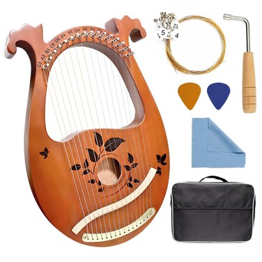 INKNOTE Lyre Harp Mahogany with Tuning Wrench and 16 Pcs Metal Spare String Set Manual Picks Black Gig Bag for Instrument Kids Adult Professional Beginner Music Lovers Gift
