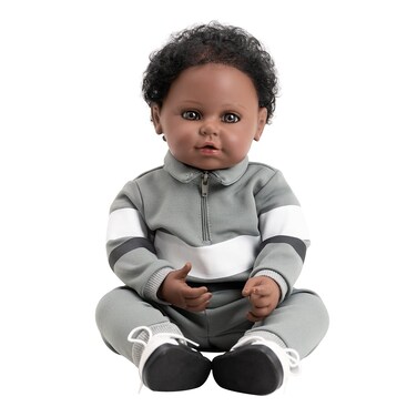 ADORA ToddlerTime 20-inch Weighted All Star African-American Boy Baby Doll with Gray Half-Zip Tracksuit Jacket, Pants, White Sneakers and Cute Doll Diaper