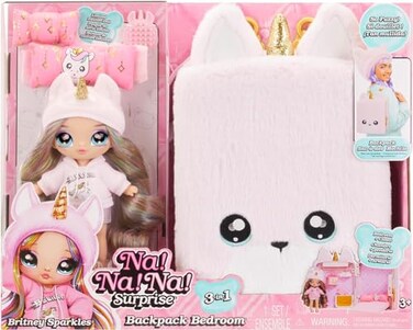 Na! Na! Na! Surprise 3-in-1 Backpack Bedroom Unicorn Playset Britney Sparkles Fashion Doll, Fuzzy Pink Unicorn Backpack, Closet with Pillows &amp; Blanket, Kids Gift Ages 4 5 6 7 8+