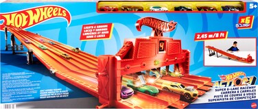 Hot Wheels Toy Car Playset with Lights, Sounds &amp; 6 1:64 Scale Vehicles, Super 6-Lane Raceway, 8-foot Track that Rolls Up for Storage