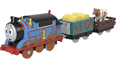 Thomas &amp; Friends Motorized Toy Train Muddy Thomas Engine with Cargo Cars &amp; Cow for Preschool Pretend Play Kids Ages 3+ Years