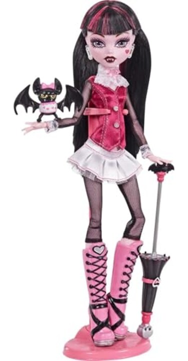 Monster High Draculaura Reproduction Doll Wearing Original Fashion &amp; Shoes with Pet, Display Stand &amp; Accessories, 10-5-inch Collectible Toy