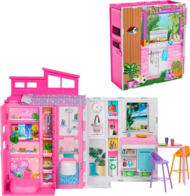 Barbie Doll House Playset, Getaway House with 11 Accessories Including 2 Chairs, 4 Play Areas &amp; 360-degree Play