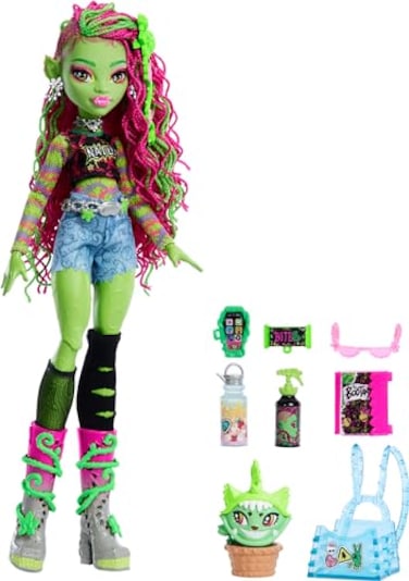 Monster High Venus McFlytrap Doll, Plant Monster with Pet Cat Chewlian &amp; Accessories Like Backpack, Notebook, Snacks &amp; More