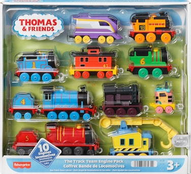 Thomas &amp; Friends Diecast Toy Trains, The Track Team Engine Pack, 10 Push-Along Vehicles for Pretend Play Preschool Kids Ages 3+ Years