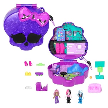 Polly Pocket Monster High Playset with 3 Micro Dolls &amp; 10 Accessories, Opens to High School, Collectible Travel Toy with Storage