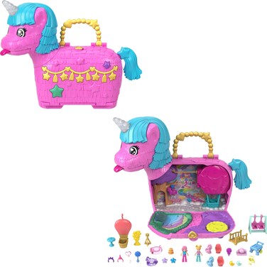 Polly Pocket Dolls &amp; Playset with Pets &amp; 25+ Surprise Accessories, Birthday Celebration Unicorn Partyland Playset, Hot Air Balloon Ride