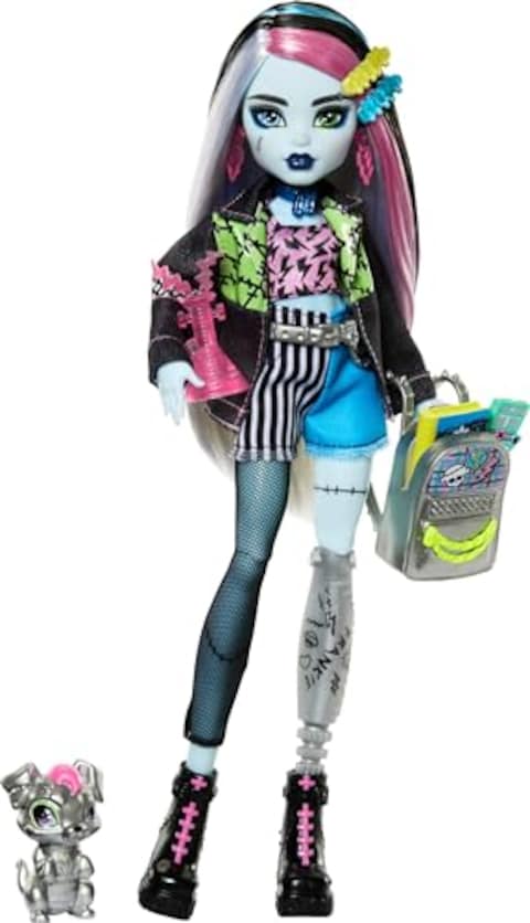 Monster High Frankie Stein Doll in Denim Jacket &amp; Shorts, Includes Pet Dog Watzie &amp; Accessories Like a Backpack, Snack &amp; Notebook