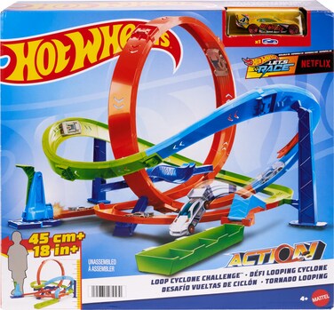 Hot Wheels Toy Car Track Set, Action Loop Cyclone Challenge, 18-in Tall, 2 Ways to Play &amp; Easy Storage, with 1:64 Scale Vehicle