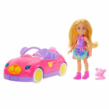 Barbie Chelsea Toy Car Set with Bear-Themed Convertible &amp; Teddy Bear Accessory, Blonde Small Doll Wears Removable Skirt &amp; Shoes