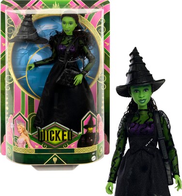 Mattel Universal Wicked Elphaba Fashion Doll &amp; Accessories with Green Skin, Braided Black Hair, Posability &amp; Removable Ballroom Look