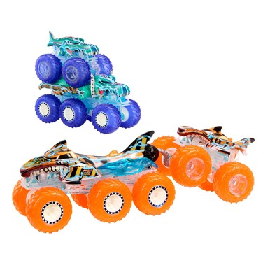 Hot Wheels Monster Trucks Toy Truck &amp; Big Rig Multipack, 1:64 Scale Mega-Wrex &amp; Tiger Shark with Big Rigs in Matching Power Smashers Deco