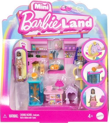 Barbie Mini BarbieLand Collectible Pet Boutique Playset with 1.5-Inch Doll, Pet Product Display, Check Out Stand, Pet House &amp; Cat Baskets for Storytelling Play