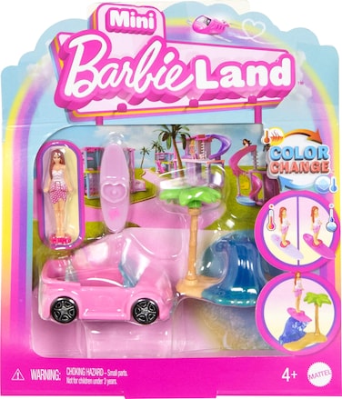 Barbie Mini BarbieLand Doll &amp; Toy Vehicle Set, 1.5-inch Doll &amp; Beach Convertible with Color-Change, Plus Beach Accessory