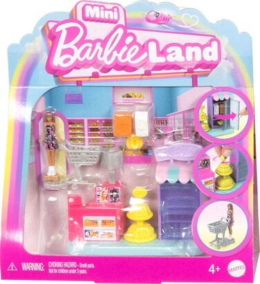 Barbie Mini BarbieLand Collectible Supermarket Playset with 1.5-Inch Doll, Product Shelves, Check Stand &amp; Shopping Cart for Storytelling Play
