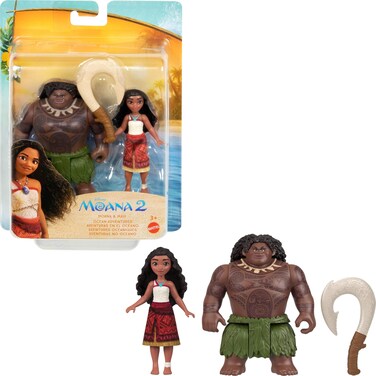 Mattel Disney Moana 2 Toys, Moana &amp; Maui Ocean Adventures 2-Pack with 2 Small Dolls &amp; Hook Accessory, Inspired by The Movie