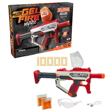 Nerf Pro Gelfire Mythic Full Auto Blaster &amp; 10,000 Gelfire Rounds, 800 Round Hopper, Rechargeable Battery, Eyewear, Ages 14 &amp; Up