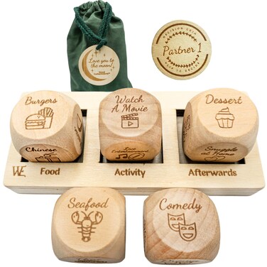 Deluxe Date Night Dice Game - Valentines Day Fun Romantic Couples Gift - 5 Dice, Decision Coin, Board &amp; Carry Bag for Bachelorette, Anniversary, Wedding, Bridal Shower - Girlfriend Wife Husband Him