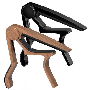 2 Pack Guitar Capo for Acoustic, Classical, Electric Guitars, Ukulele, Mandolin, Banjo, and other string musical instruments, Quick Release, Memory Silicone Pad, Buzzing-Free (Black &amp; Wood)